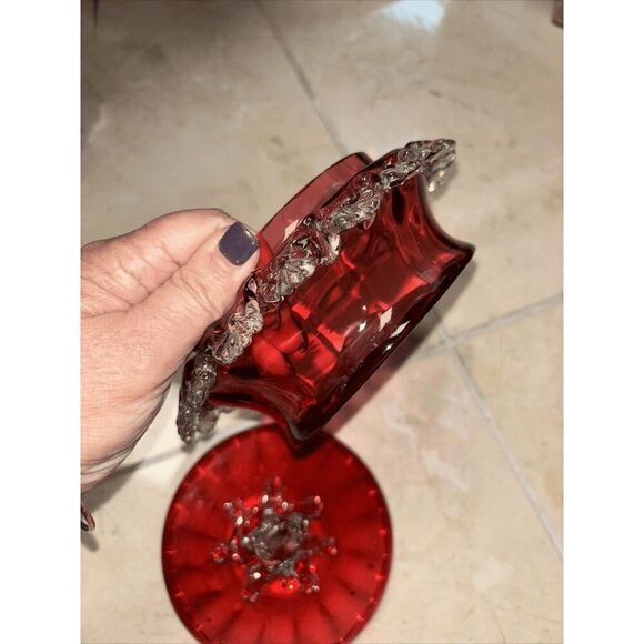Hand Blown Vintage Cranberry Glass With Lid Glass 7” - Picture 5 of 8